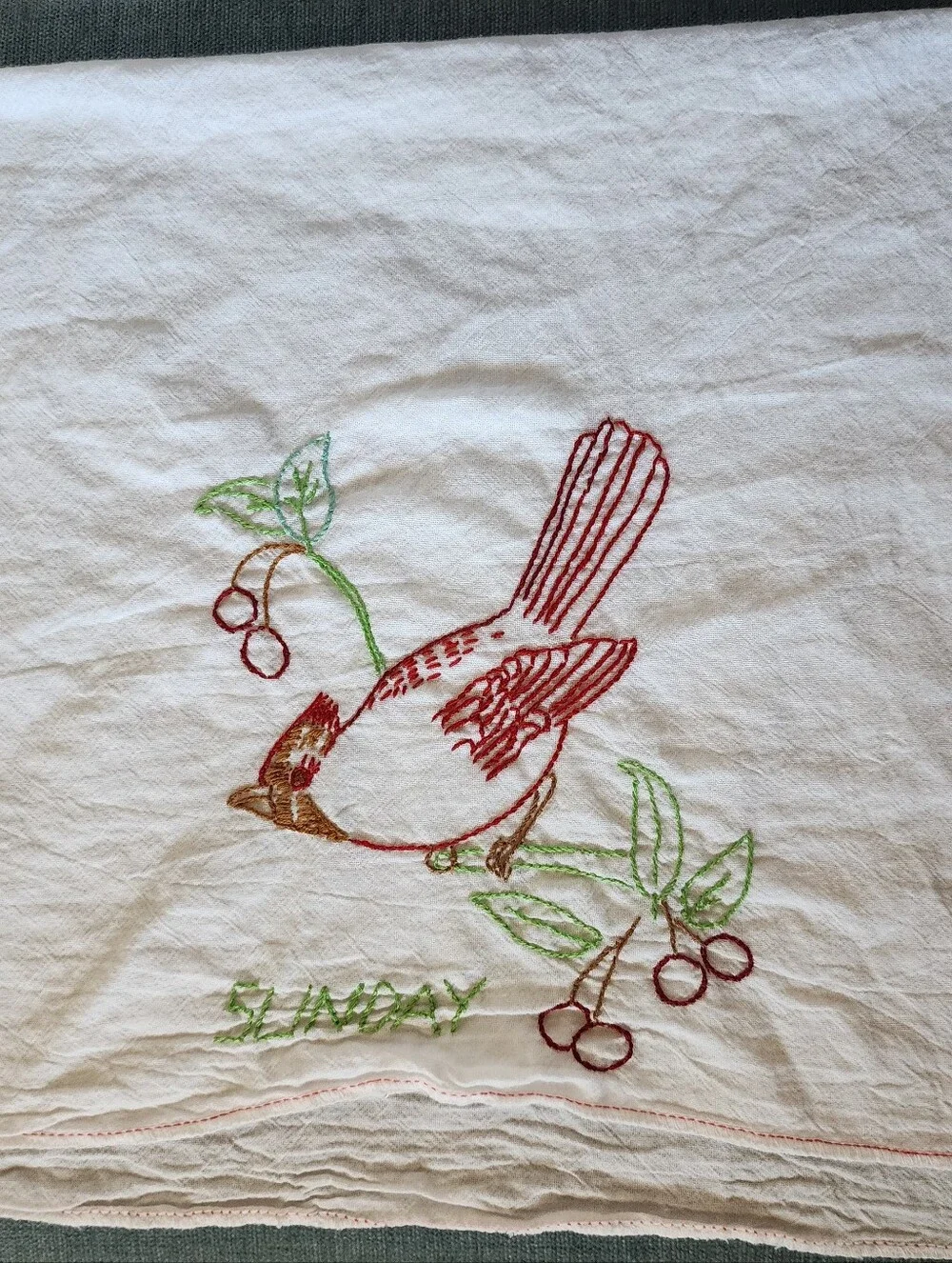 8 Vintage Embroidered Birds & Day Of The Week White Tea Towels